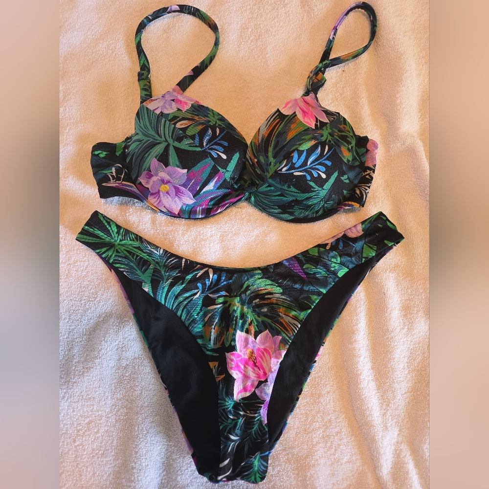 Victoria's Secret Floral Bikini Set - Black and Pink